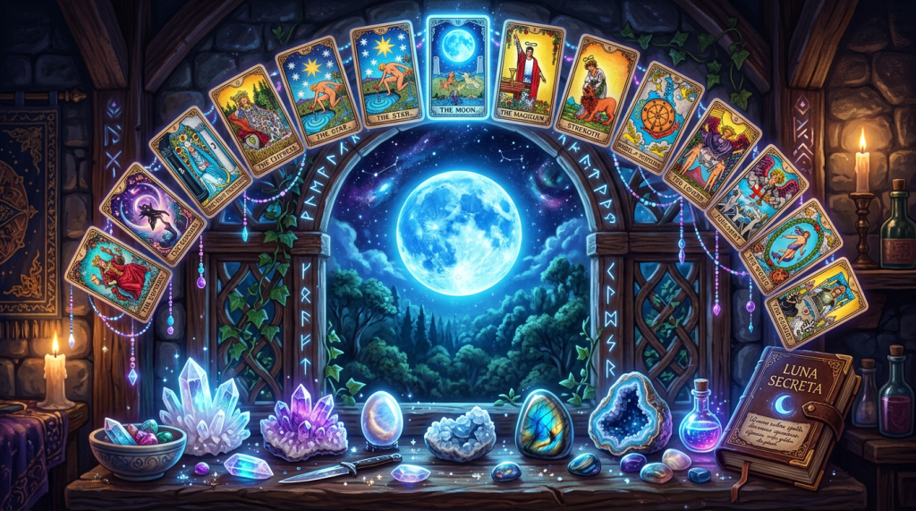 Full moon visible through an arched window surrounded by tarot cards and glowing crystals on a table