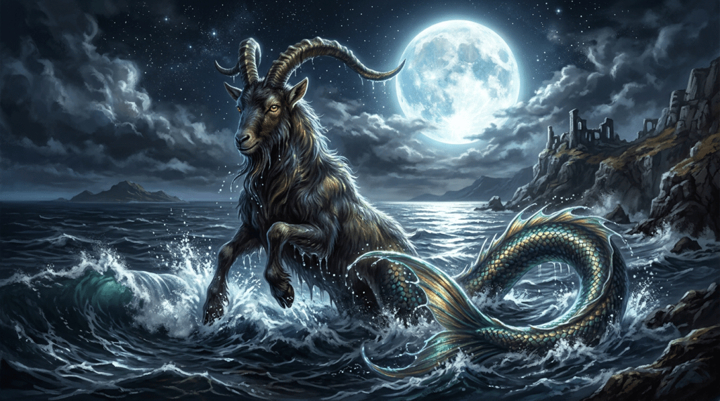 A mythical creature with a goat's upper body and a fish tail emerging from ocean waves at night