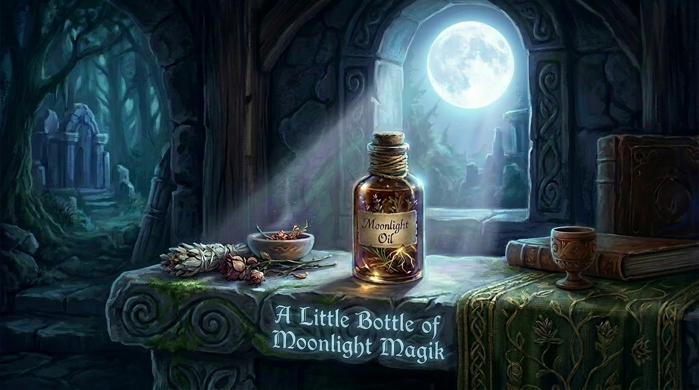 Potion bottle with glowing herbs on stone table in ancient ruin under moonlight